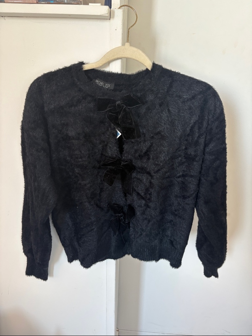 Rachel Zoe Black Fuzzy Bow-Front Cardigan
